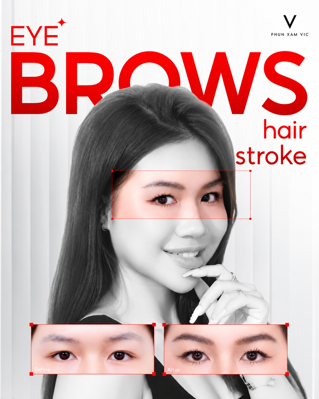 Poster chân mày Hairstroke Phun Xăm Vic với hình ảnh trước và sau thực hiện